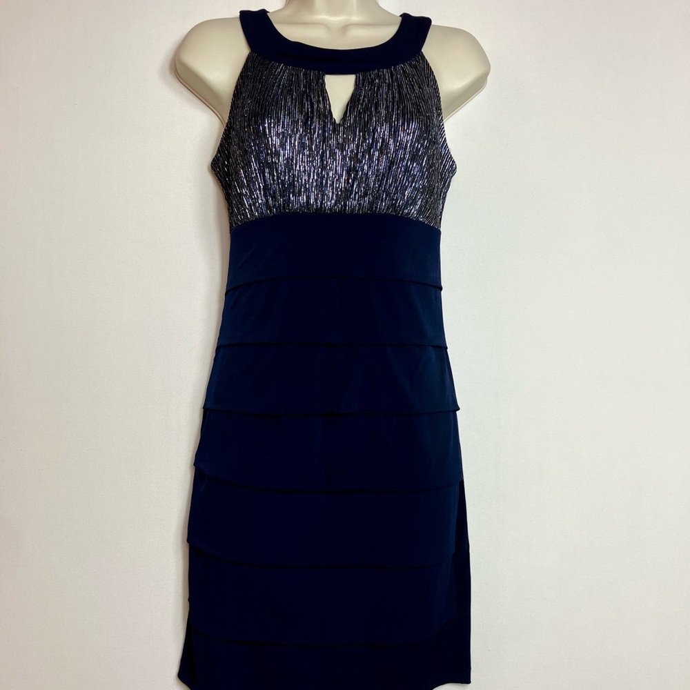 📦Navy & Metallic Silver Halter-Top Tiered Cocktail Dress $4.99 SHIPPING